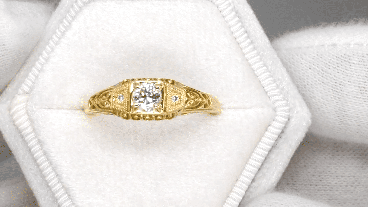 Art Deco Yellow Gold White Sapphires Filigree Low Dome Engagement Ring - Item: R228YWS - Image: 5