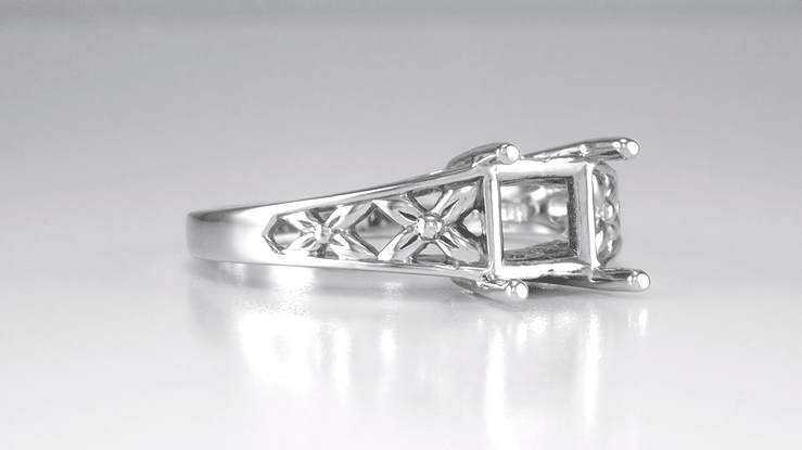 Art Nouveau Flowers and Leaves Vintage Inspired Filigree Engagement Ring Mount for a Round 1.5 - 2 Carat Diamond in White Gold - 14K or 18K - Item: R989 - Image: 6