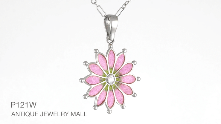 Art Nouveau Plique a Jour Enamel Flower Pendant Necklace in Sterling Silver with White Sapphire | Original Vintage Circa 1910 Design - Item: P121W - Image: 7