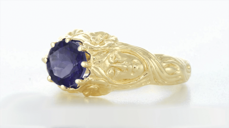Art Nouveau Iolite Crowned Maidens Ring in 14 Karat Yellow Gold - Item: R203IOLITE - Image: 3