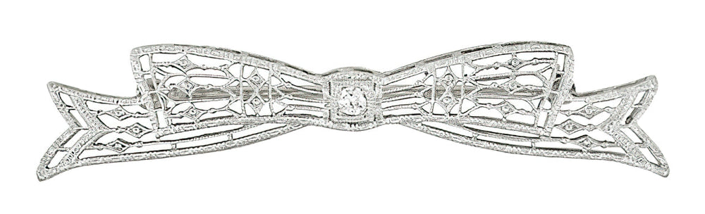 Antique 1920's Art Deco Old European Cut Diamond Engraved Filigree Bow Brooch in 14 Karat White Gold