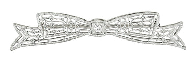 Antique 1920's Art Deco Old European Cut Diamond Engraved Filigree Bow Brooch in 14 Karat White Gold