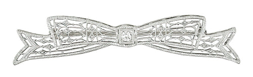 Antique 1920's Art Deco Old European Cut Diamond Engraved Filigree Bow Brooch in 14 Karat White Gold