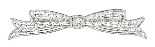 Antique 1920's Art Deco Old European Cut Diamond Engraved Filigree Bow Brooch in 14 Karat White Gold