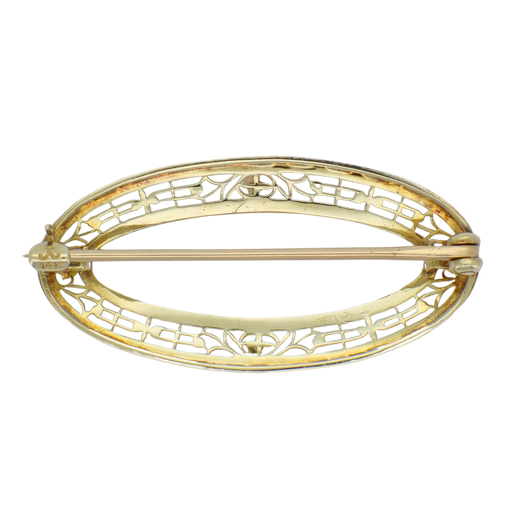 Krementz Antique Art Deco Oval Enameled Filigree Pearl Brooch in 14 Karat Gold and Platinum - Item: BR192 - Image: 2