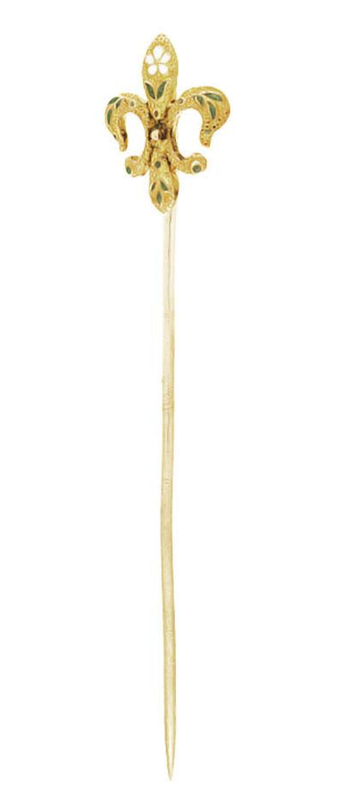Antique Victorian Enameled Fleur-de-Lis Stick Pin in 14 Karat Yellow Gold
