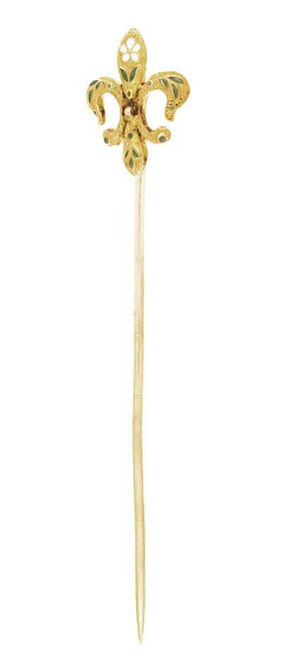 Antique Victorian Enameled Fleur-de-Lis Stick Pin in 14 Karat Yellow Gold