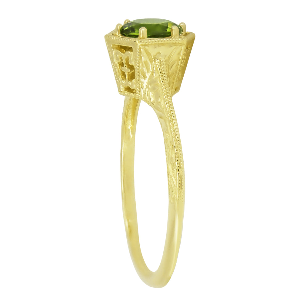 Art Deco Hexagon Filigree Solitaire Peridot Ring in 14K Yellow Gold - Item: R180Y75PER - Image: 3