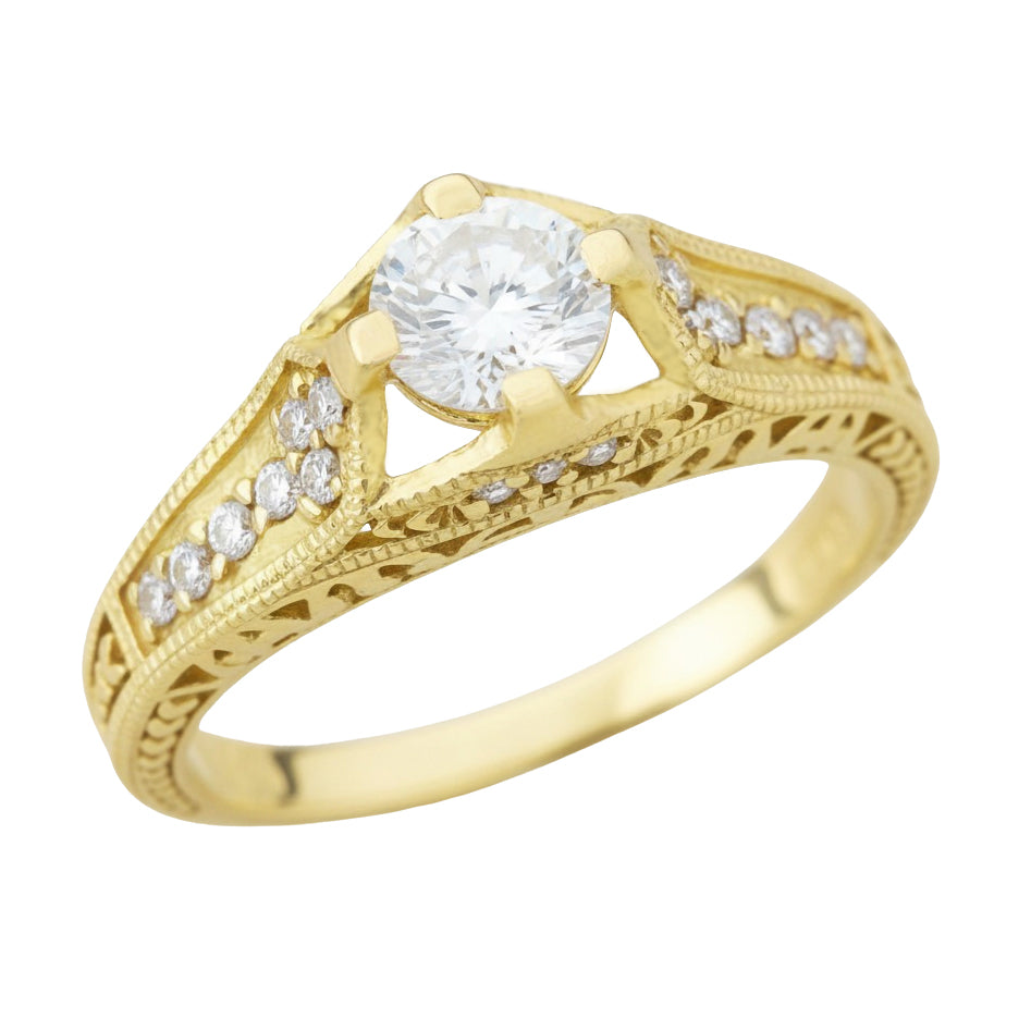 Belnord 18 Karat Yellow Gold Engraved Art Deco Filigree Diamond Engagement Ring