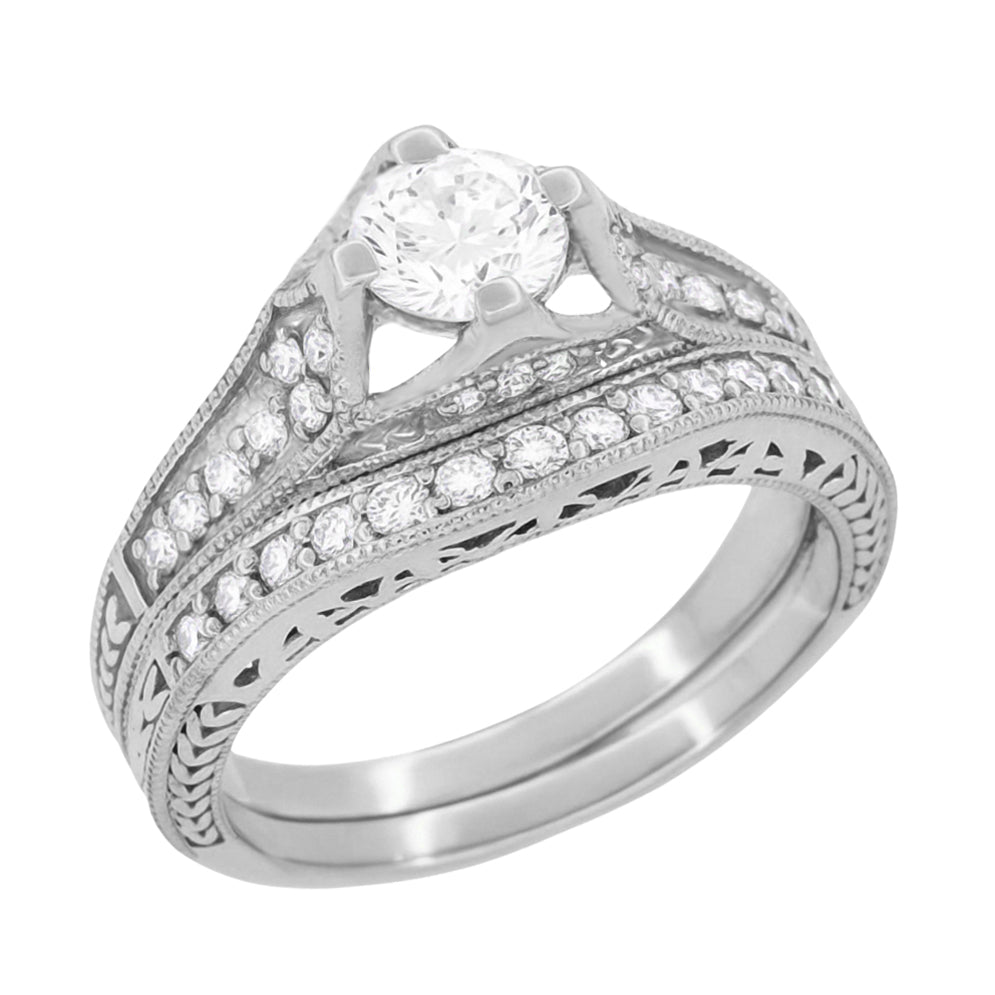 Belnord Art Deco Filigree Diamond Wheat Engraved Engagement Ring Semimount in Platinum - Item: R296P50D - Image: 5