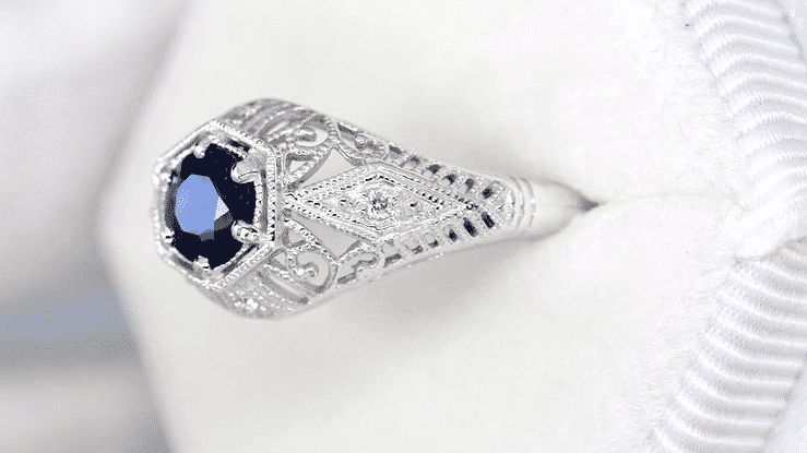 Blue Sapphire and Diamonds Scroll Dome Edwardian Filigree Engagement Ring in 14 Karat White Gold | 1910 Vintage Design - Item: R234 - Image: 5