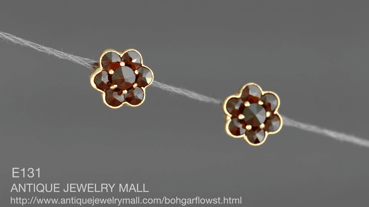 Bohemian Garnet Flower Victorian Stud Earrings in 14 Karat Yellow Gold and Sterling Silver Vermeil - Item: E131 - Image: 4