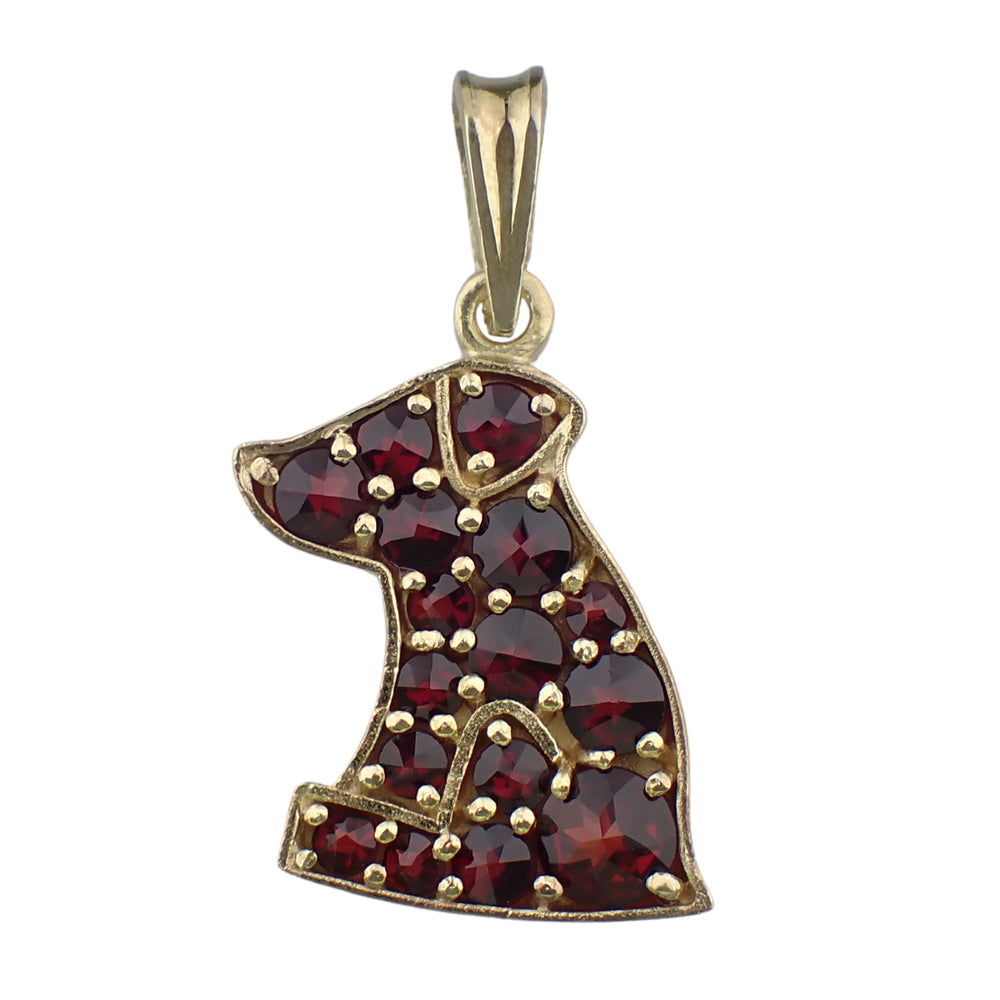 Bohemian Red Garnet Dog Pendant in Sterling Silver and Yellow Gold Vermeil