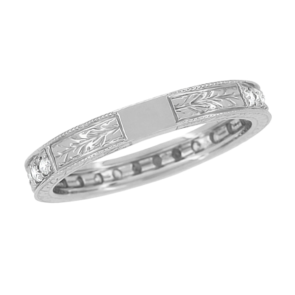 Art Deco Engraved Wheat Diamond Eternity Wedding Band in White Gold - 14 or 18 Karat - Item: R678W14-LC - Image: 4