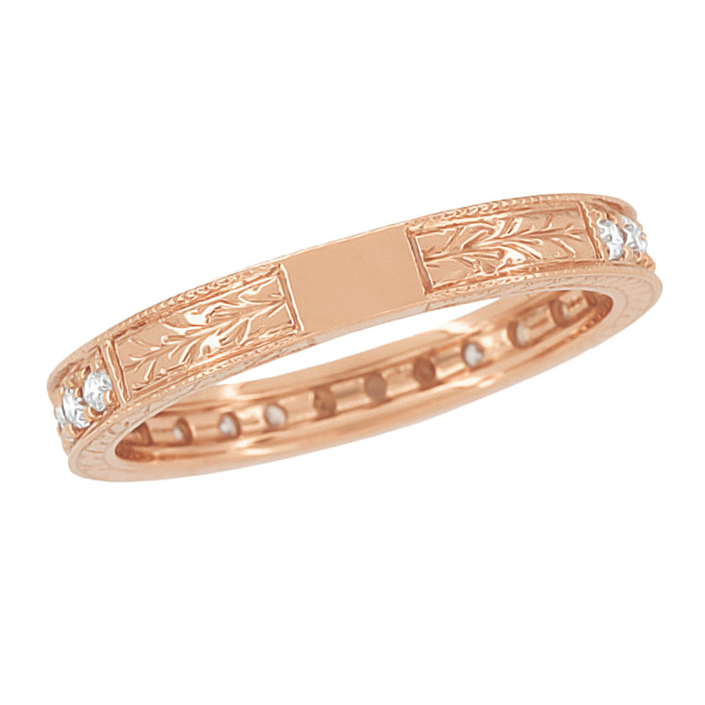 Art Deco Rose Gold Engraved Wheat Diamond Eternity Wedding Band - Item: R678R-LC - Image: 4