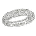 An antique Art Deco style platinum wedding ring for women with 12 old rose cut diamonds, featuring a geometric pattern with filigree work. Size 6.5, 4.8mm wide. R1105