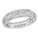 An antique Art Deco style platinum wedding ring for women with 12 old rose cut diamonds, featuring a geometric pattern with filigree work. Size 6.5, 4.8mm wide. R1105