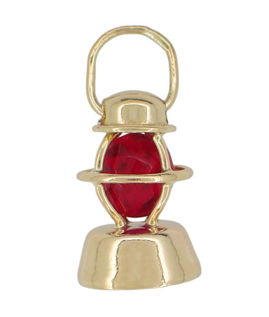 Vintage Railroad Lantern Charm with Red Lens in 14K Yellow Gold - Railfan Pendant Jewelry - C104