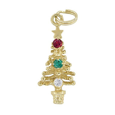 Gem Set Christmas Tree Charm in 14 Karat Gold - With Natural Ruby, Emerald, & White Sapphire Stones