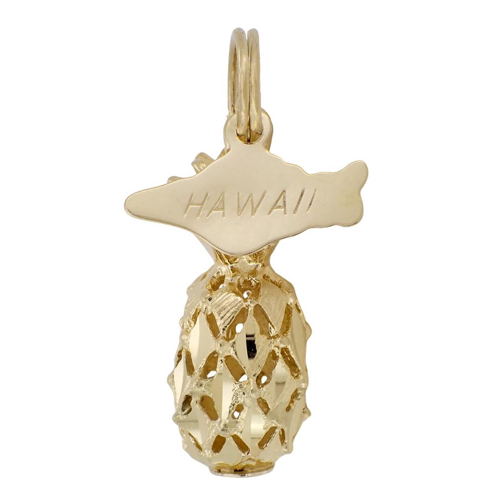 A vintage 14 Karat gold yellow pineapple shaped charm with the word 'HAWAII' inscribed on it, featuring a second mini-charm in the shape of the island of Hawaii attached to the gold split ring bail. C412