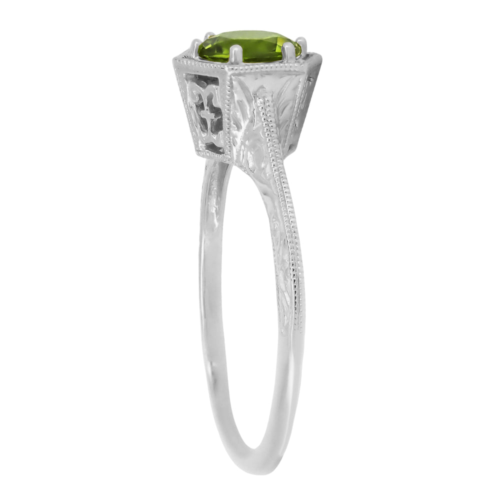 Hexagonal Filigree Art Deco Peridot Ring in 14 Karat White Gold - Item: R180W75PER - Image: 3