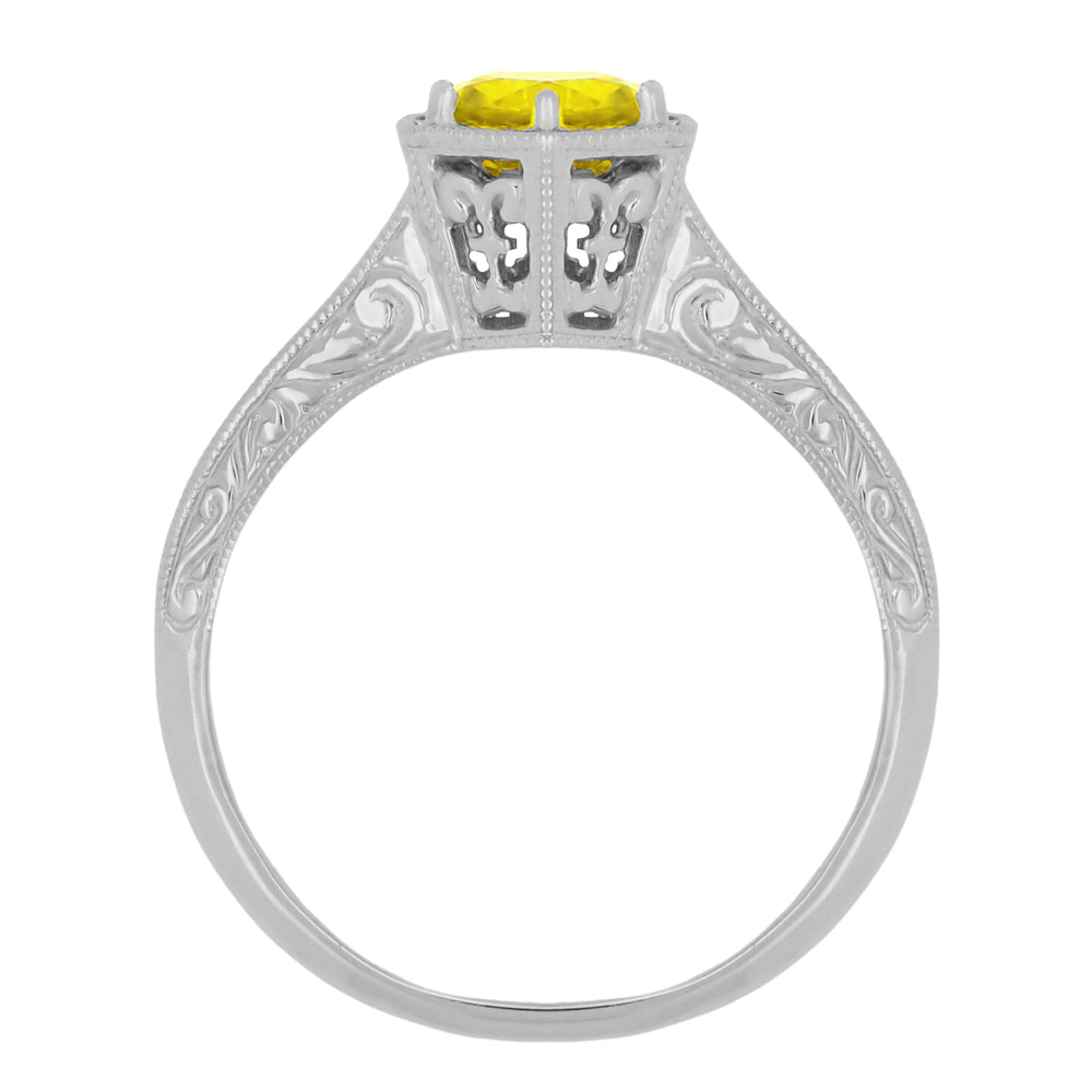 Art Deco Yellow Sapphire Filigree Hexagon Engagement Ring in 14 Karat White Gold - Item: R180W75YS - Image: 2