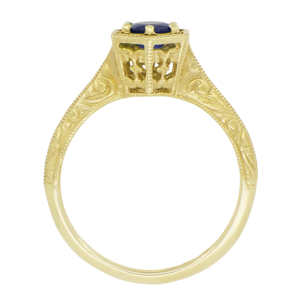 Art Deco Blue Sapphire Filigree Hexagon Engagement Ring in 14K Yellow Gold - Item: R257Y - Image: 2