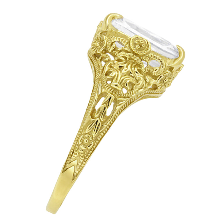 4 Carat Lab Grown Emerald Cut Diamond Solitaire Edwardian Filigree Vintage Style Engagement Ring in Yellow Gold - Item: R618YD-LC - Image: 4