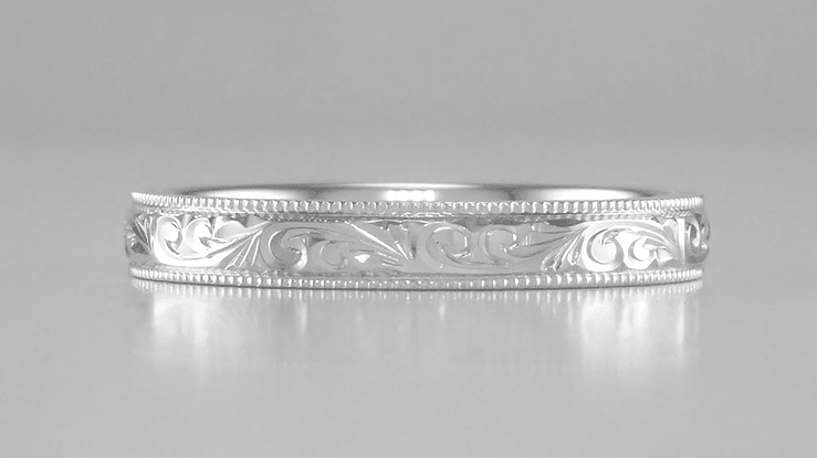 Classic Victorian Carved Acanthus Wedding Band in White Gold - 3mm - Item: R1235W - Image: 3