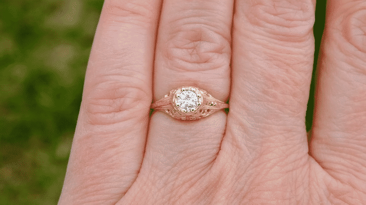 Cleire Yellow Gold Art Deco Filigree 1/4 Carat Diamond Vintage Style Engagement Ring - Item: R204Y25-LC - Image: 3