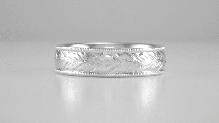Comfort Fit 6mm Wide Art Deco Millgrain Edge Hand Engraved Wheat Antique Style Wedding Ring in White Gold - Item: R636W6MMCF - Image: 5