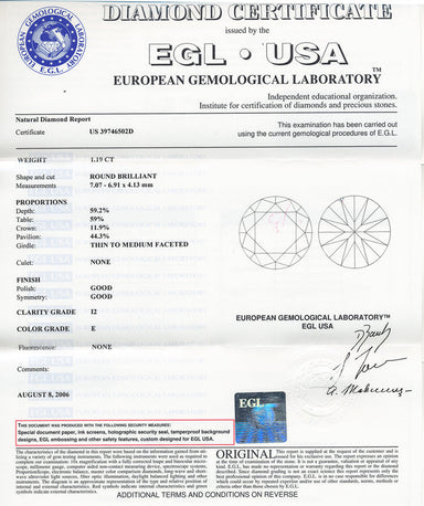 Loose 1.19 Carat Loose Round Brilliant Cut Diamond E Color I2 Clarity with EGL USA Report | Affordable Large Diamond - alternate view