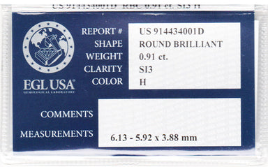 0.91 Carat H Color SI3 Clarity Affordable Loose Round Diamond with EGL USA Report - Natural Diamond - alternate view