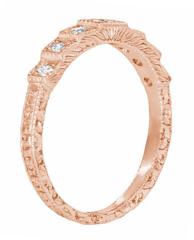 1920's Art Deco 14 Karat Rose Gold Carved Tiered "Wedding Cake" Diamond Wedding Band - alternate view