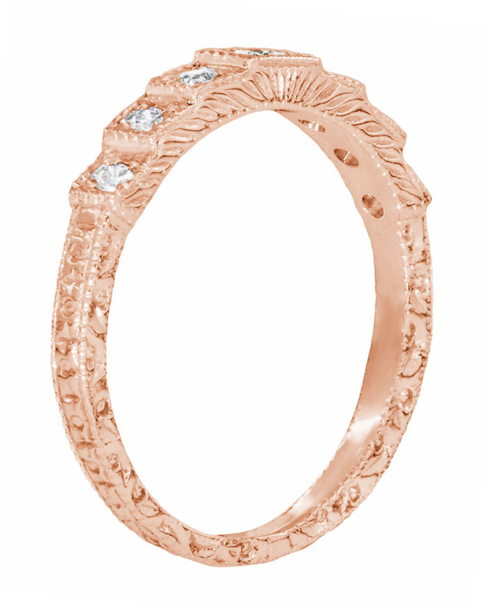 1920's Art Deco 14 Karat Rose Gold Carved Tiered "Wedding Cake" Diamond Wedding Band - Item: DWR135R-LC - Image: 2
