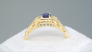 Dainty Filigree Art Deco Blue Sapphire and Side Diamond Engagement Ring in 14 Karat Yellow Gold