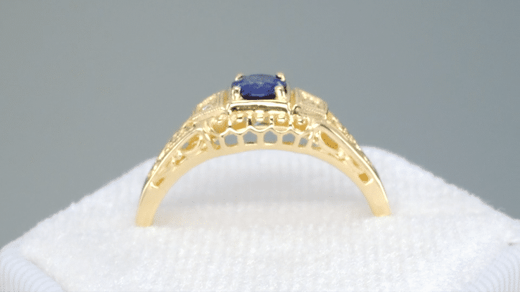 Dainty Filigree Art Deco Blue Sapphire and Side Diamond Engagement Ring in 14 Karat Yellow Gold - Item: R228Y - Image: 4