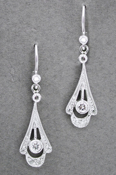 Vintage Inspired 1920's Art Deco 18 Karat White Gold and Diamond Drop Earrings - alternate view