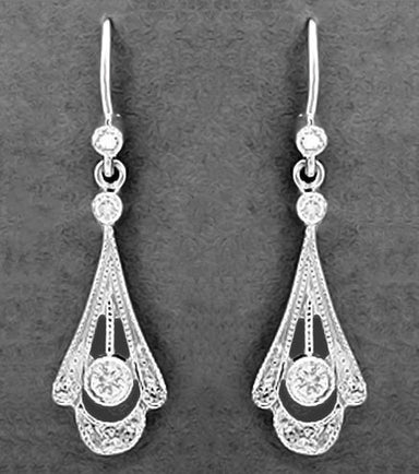 Vintage Platinum Art Deco Diamond Drop Earrings Circa 1920s