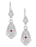 Art Deco Dangling Sterling Silver Ruby and Diamond Filigree Earrings