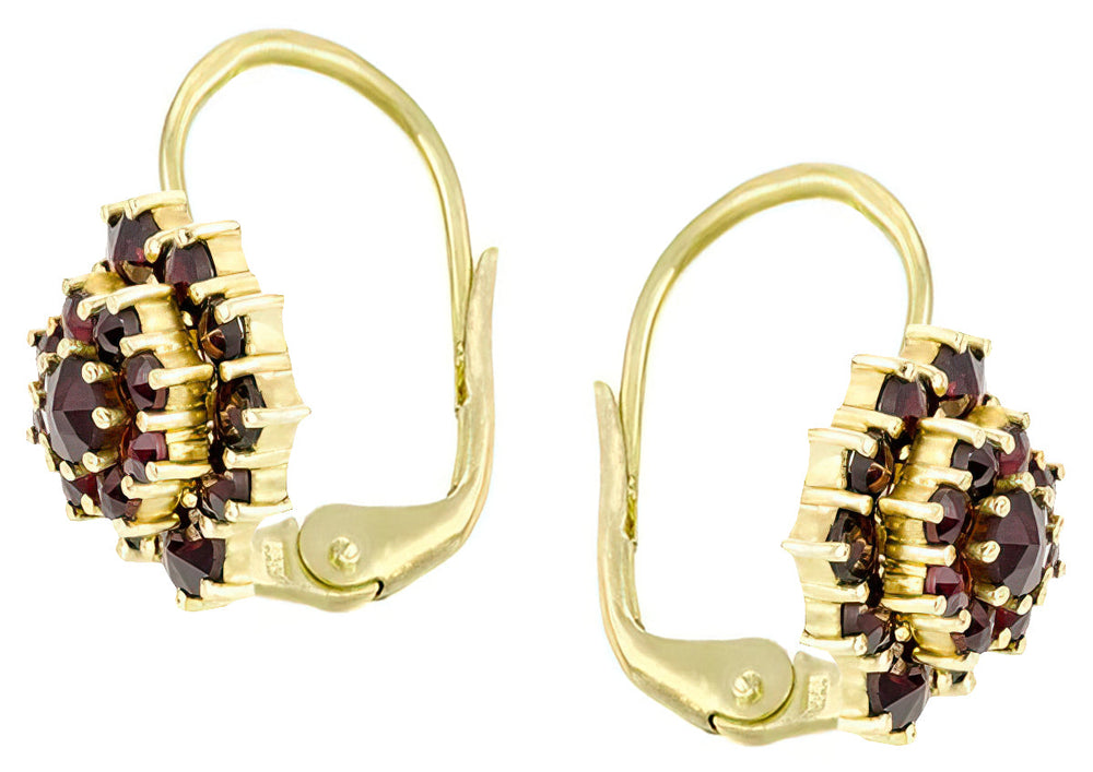 Bohemian Garnet Victorian Leverback Oval Cluster Earrings in 14K Yellow Gold and Sterling Silver Vermeil - Item: E181S - Image: 2