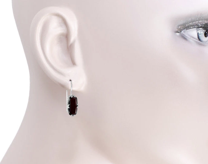Art Deco Filigree Oval Cushion Cut Dark Red Garnet Earrings in Sterling Silver - Item: E183G - Image: 3