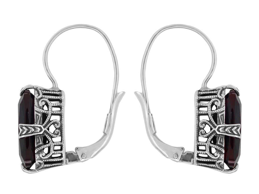 Art Deco Filigree Oval Cushion Cut Dark Red Garnet Earrings in Sterling Silver - Item: E183G - Image: 2
