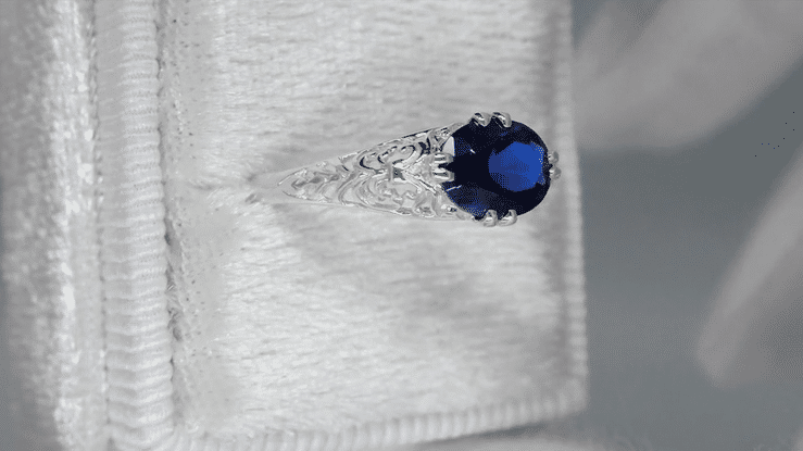 Oval Lab Grown Blue Sapphire Filigree Edwardian Promise Ring in Sterling Silver - 1.25 Carats - Item: R1125S - Image: 6