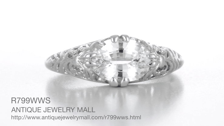 East West White Sapphire Filigree Edwardian Engagement Ring in White Gold - Item: R799WWS - Image: 5