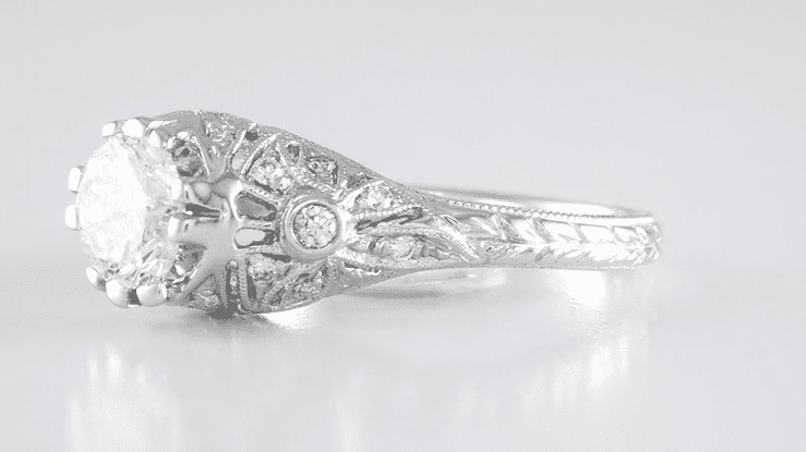 Edwardian Antique Style 1 Carat to 1.30 Carat Filigree Engagement Ring Mounting in 14 or 18 Karat White Gold for a Round Stone - Item: R6791W14 - Image: 8