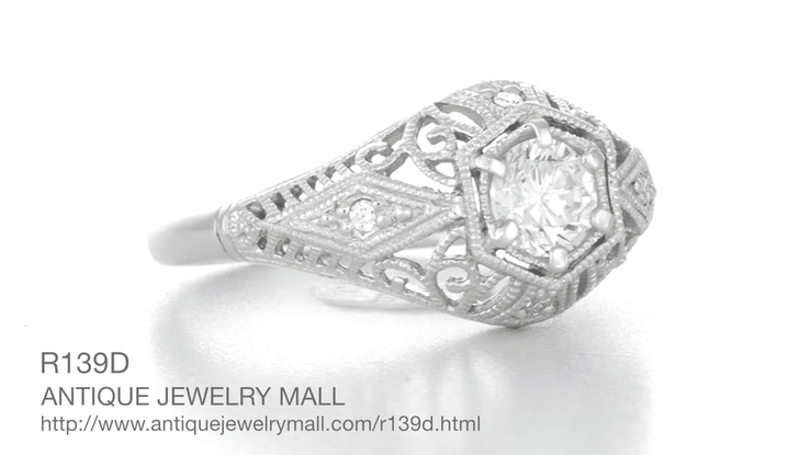 Edwardian Diamond Scroll Dome Filigree Engagement Ring in 14 Karat White Gold - Item: R139D-LC - Image: 7