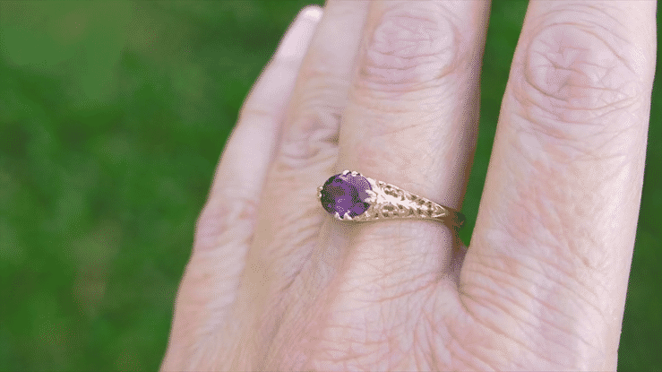 Edwardian Antique Style East to West Oval Amethyst Filigree Ring in 14K or 18K Yellow Gold - Item: R799YAM - Image: 7