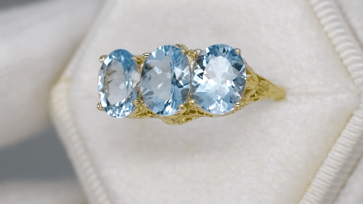 Edwardian Yellow Gold Filigree Three Stone Oval Trio Aquamarine Ring - Item: R190Y - Image: 3