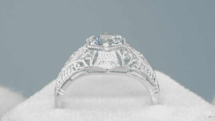 Edwardian Aquamarine and Diamonds Scroll Dome Filigree Engagement Ring in 14 Karat White Gold - Item: R139A - Image: 4